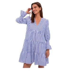 Pomander Place Dress Womens XL Blue White Stripe Tiered Mini Smocked Long Sleeve